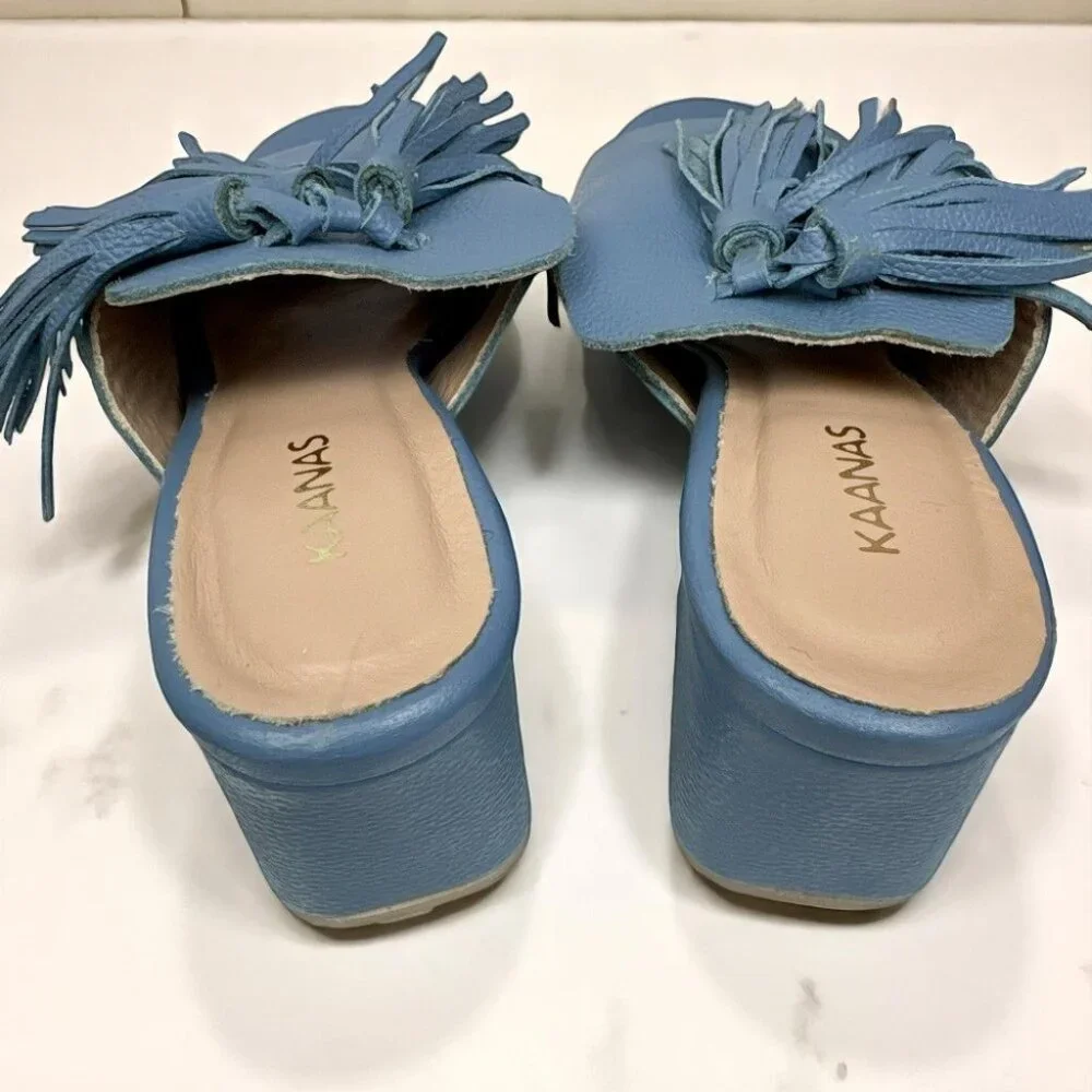 Kaanas Blue Pompom Leather Loafer Mule Sandal